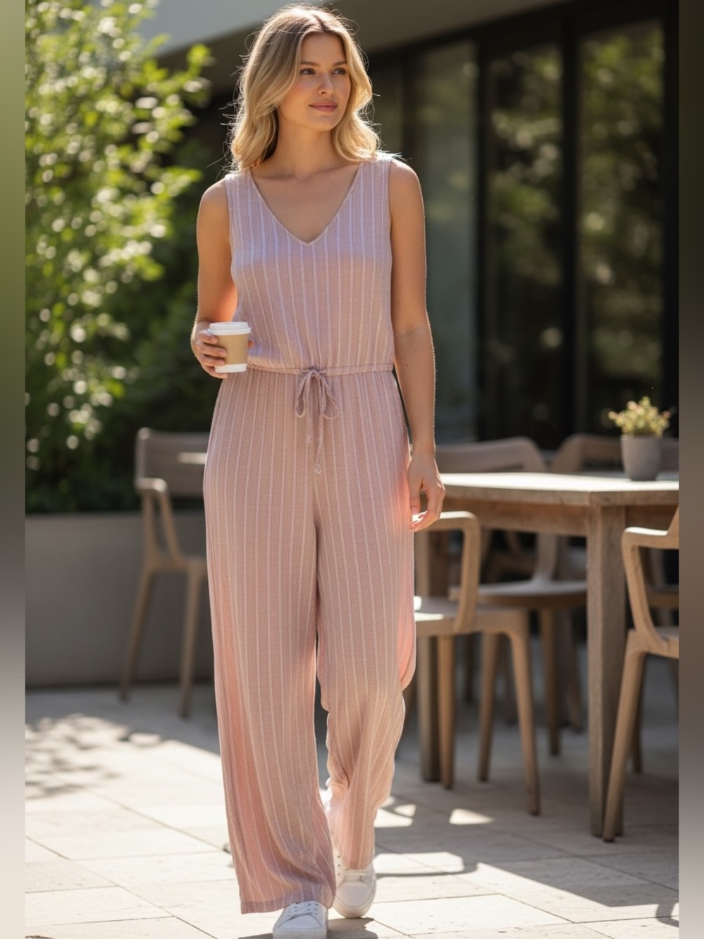 Anthropologie DREW Pink Striped Linen Blend Jumpsuit - XS